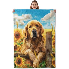 Kibue Golden Retriever Dog & Sunflower Blanket, Soft & Warm Flannel Throw, Cozy Plush Lightweight Blankets for Travel, Sofa, Bedroom, Office for Adults Kids for All Seasons 60"×50"