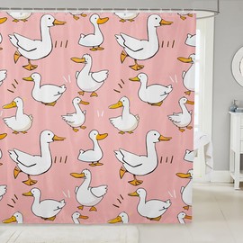 Cute Duck Shower Curtain,Cartoon Farmhouse Livestock Animal Bath Curtain for Kids Boys,Kawaii Goose Hand Drawn Pink Waterproof Fabric Curtain with 12 Hooks Suit, 72Wx72L inch