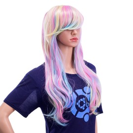 SWACC 26-Inch Long Curly Wave Cosplay Synthetic Wig Mixed Colorful Highlights