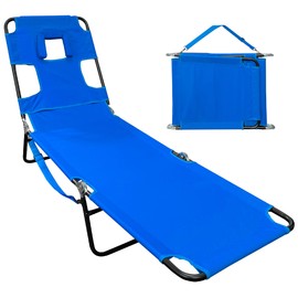 EASYGO PRODUCTS Chaise Lounge Chair Face & Arm Holes-2 Legs Support-Polyester Material – Backrest Positions-Head Rest Pillow-Beach or Home Use-Read and Tan, Ecochair-Blue
