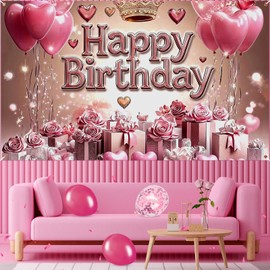 Rose Gold Happy Birthday Banner Decorations for Women Girls Rose Gold Happy Birthday Backdrop Banner Photo Background for Indoor Outdoor Party Decoration 70.8 x 43 Inch
