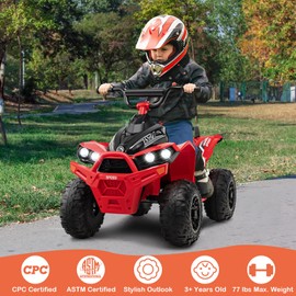 HONEY JOY 12V Ride On ATV, Battery Powered Electric Vehicle for Kids with Tread Tires, Forward/Backward, Horn, Music, Lights, High/Low Speed, 4 Wheeler Ride On Quad, Gift for Boys Girls (Red)