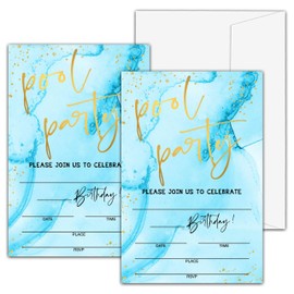 Pool Party Birthday Invitations, Swim Pool Birthday Party Invitations, Gold Glitter Birthday Party Fill In Invitation Cards, Summer Birthday Party Favor Supplies (20 Invites With 20 Envelopes) -A11