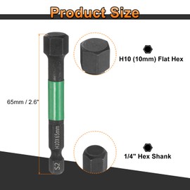 sourcing map H10 Flat Hex Head Screwdriver Bit 10mm Metric Tip 1/4" Hex Shank 65mm (2.6") Long Magnetic Hexagonal Screw Drill Bit Wrench Black Phosphate S2 Steel Power Driver Socket