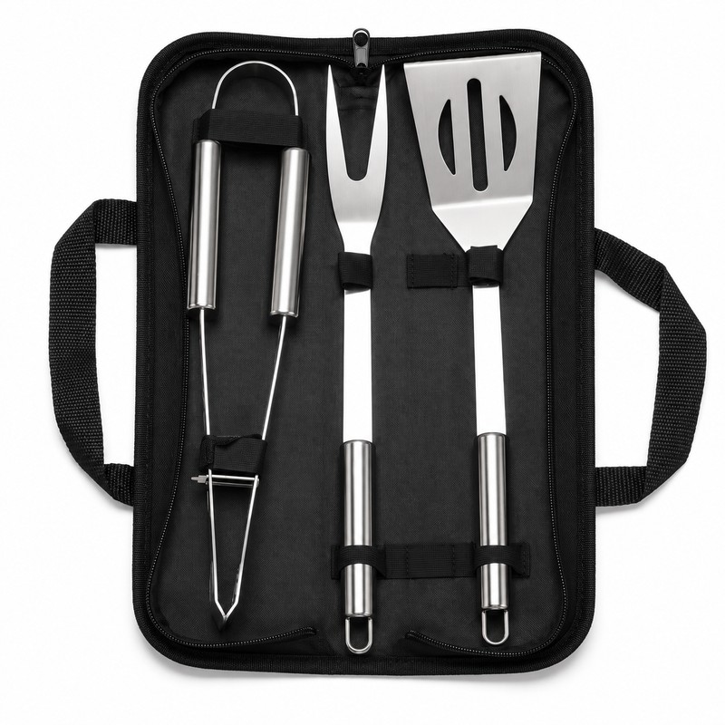 3-Piece Stainless Steel BBQ Grill Tool Set for Outdoor Cooking
