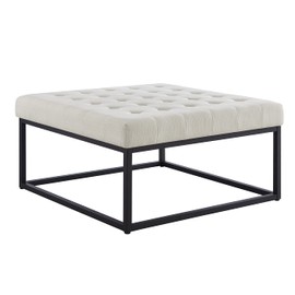 24KF Middle Century Upholstered Tufted Coffee Table with Linen Padded Seat, Large Square Ottoman with Black Metal Frame – Ivory