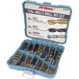 Hi-Spec Hi-Spec 130pc Mixed Multi Drill Bit Set. 1 to 10mm HSS Titanium Coated, Masonry & Brad Point Steel Bits for Metal, Woods, Plastics, Brick and Concrete. Complete in a Box Case