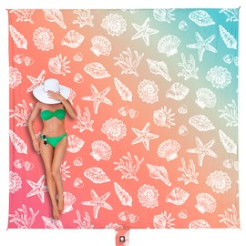 WEKAPO Beach Blanket Waterproof Sandproof & Sand-Free Beach Mat with Stakes & Built-in Storage Bag – Oversized, Extra Large, Perfect for Outdoor (Coral Sea Shells, 9 X 8 FT (1~6 Person))