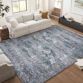 5x7 Washable Area Rugs for Living Room, Soft Vintage Distressed Large Bedroom Rug Foldable Indoor Floor Carpet, Retro Abstract Low Pile Non-Slip Neutral Throw Rugs for Dining Room, Blue/Grey Multi