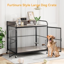 Hipicute 48" L X 30" W X 44.3" H Dog Crate Furniture, Dog Crate Indoor with Adjustable Height Bowls, Wooden Heavy Duty, 48 Inch Dog Kennel Furniture for Large Dogs,Grey