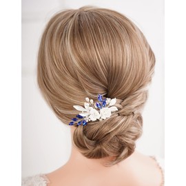 Missgrace Peine para el pelo de novia con diseño de hojas de perlas y diamantes de imitación, color azul y morado, con diamantes de imitación, clip para el pelo de flores, peines laterales para el pelo, accesorios para novias y mujeres (azul plateado)
