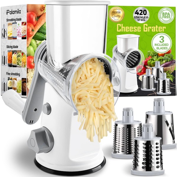 Rotary Cheese Grater with 3 Replaceable Stainless Steel Drum Blades