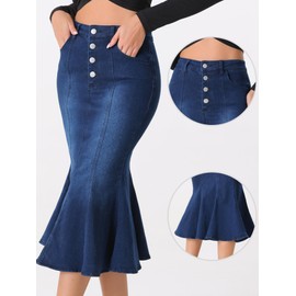Allegra K Women's Denim Skirt Fishtail Skirt Distressed Denim Skirt Long Skirt, black blue