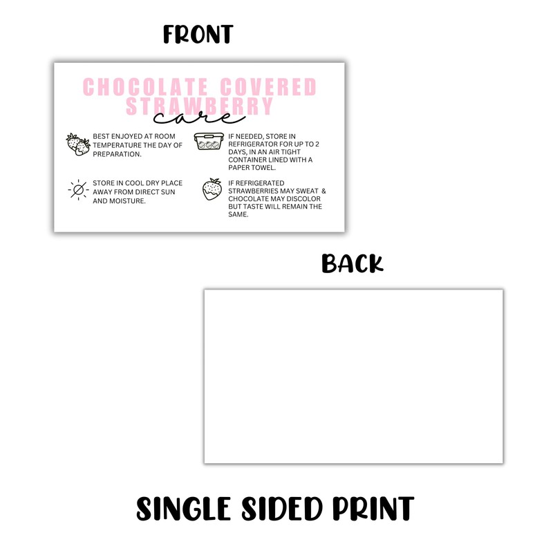 Chocolate Covered Dipped Strawberry Care Instruction Cards | 50pk 2x3.5”