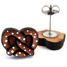 Oktoberfest German Salted Pretzel Nickel Free Hypoallergenic Stud Earrings, Funny Circus Faire Stadium Food Hand Painted Cherry Wood Stud Earrings Jewelry