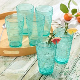 Santa Fe Teal Set of 6 Premium Acrylic Ice Tea Glass 22 oz – Unbreakable Drinkware with Textured Bubble Design, Shatterproof Tumblers for Indoor & Outdoor Use