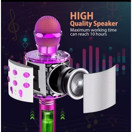 Wireless Karaoke Microphone with LED Lights, Bluetooth Speaker, Multi-Function Controls 4-in-1 portable Handheld Mic withSpeaker Player for singing For Party, great birthday Gift for kids (Gold)