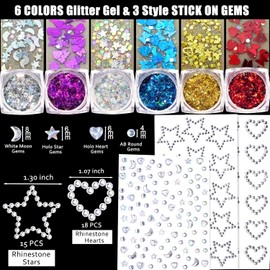Gel de purpurina para el rostro con purpurina para el cuerpo, 6 colores de gel con purpurina para el cabello con gemas autoadhesivas, pegatinas de diamantes de imitación para cara, cabello, cuerpo
