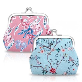 2Pcs kiss lock coin purses, Change Purse For Coins, Floral Design Pink Blue, Small Wallets for Women, Daily Travel Shopping