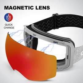 Odoland Unisex Ski Goggles for Women, Men, Teenagers, Frameless Snowboard Goggles with Magnetic Interchangeable Lens, UV Protection, Anti-Fog, Snow Goggles, Helmet-Compatible, Grey/Red