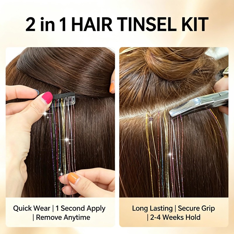 Handwig 80 Strands Bright Red Hair Tinsel, 2-in-1 Kit Vibrant