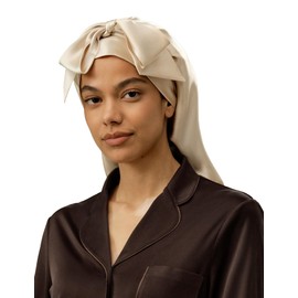 LilySilk 100% Mulberry Silk Sleep Cap Woemn Extra Long Tie Bow Silk Bonnet Night Hair Wrap Gravel Gold