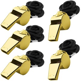 5 Packs Stainless Steel Whistle, FineGood Loud Metal Whistle with Lanyard for Referees Coaches Lifeguards Survival Emergency Football Basketball Soccer Hockey - Gold