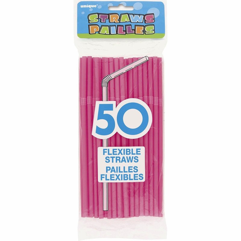 Disposable Hot Pink Plastic Flex Straws - 11.5", 50 Count
