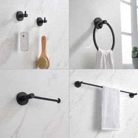KIBI Circular Bathroom Hardware Set 5-Piece | 24" Towel Bar, Towel Ring, Toilet Paper Holder, 2 Robe Hooks | Wall-Mounted Solid Brass Bathroom Accessories | Matte Black, C-KBA14-5-1