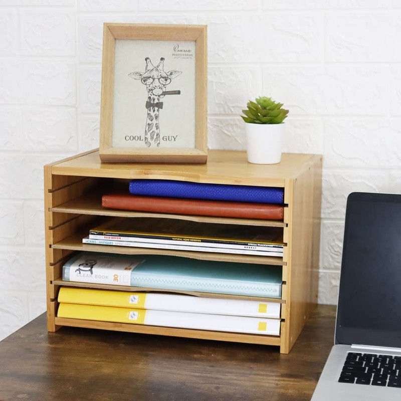 WKWKER File Organizer with 3 Adjustable Shelves Bamboo Document Letter