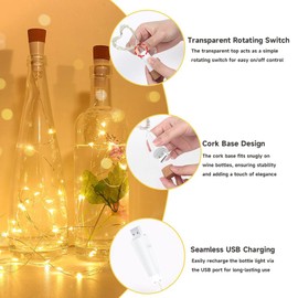Dumcuw Bottle Lights, 20 LED Fairy Lights Battery Operated USB Rechargeable 2024 Upgraded Bottle Light with Cork for Christmas Decorations