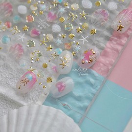 1 Sheets Summer Nail Stickers for Nail Art 5D Embossed Shell Starfish Nail Art Stickers with Bow Pearl Glitter Self-Adhesive Design Gold Star Jellyfish Nail Decals Supplies for Women Girls Acrylic