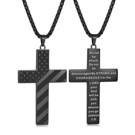 Neriku Stainless Steel Black Cross Necklace for Men 18K Real Gold Plated American Flag Pendant Chain Bible Verse Inspirational Necklaces 20 Inch