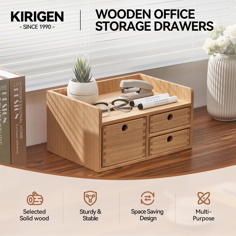 KIRIGEN Desk Organizer with 3 Drawers - Wood Drawer Storage