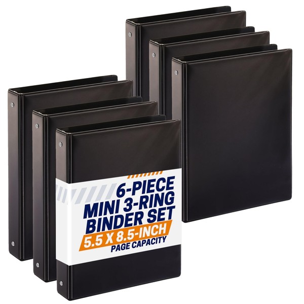 6-Pack Black PP Mini Binders for 5.5" x 8.5" Paper,