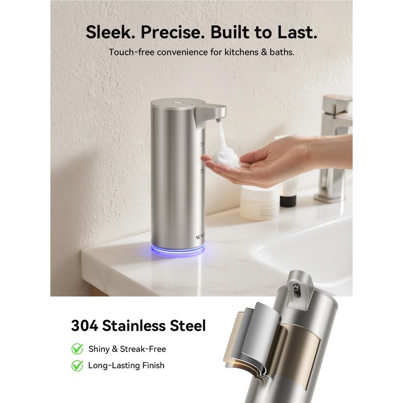 SUNLY Automatic Foam Soap Dispenser, 0.2s Fast Sensor, USB-C Rechargeable,
