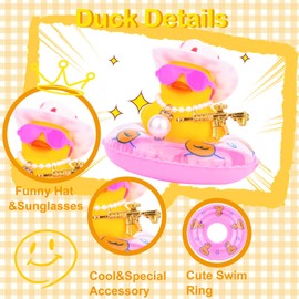 MuMyer Rubber Duck Dashboard Ornament Accessories with Mini Hat Swim Ring Necklace and Colorful Sunglasses (Pink Flower Glasses-Pink Hat)