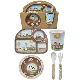 Childrens Dinner Set 4 Piece Dinner Set Bowl, Fork, Spoon, Plate and Cup Made from Recycled Materials HTUK (Farm)