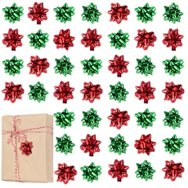 VioraWhite 36 Pcs Red Green 3D Metallic Christmas Bow Stickers Set Foil Bow Self Adhesive Supplies for Gifts Wrapping Holiday Presents Christmas Event Decoration