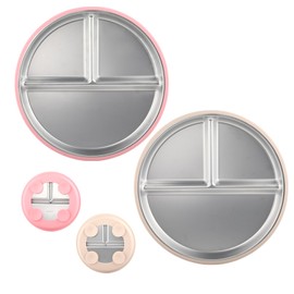 Cosmeria 2 Piece Children's Plate with Suction, Stainless Steel Baby Plate with Compartment, BPA-Free for Babies and Toddlers, Dishwasher Safe (Yellow+Pink)