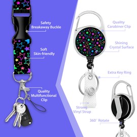 Neon Stars Retractable Badge Holders with Lanyard,Glittering Rainbow Star Id Card Holder Keychain Vertical ID Protector Clips,Funny Name Tags Clips with Heavy Duty Badge Reel for Women Men