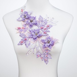 Silvora - Tela bordada en 3D con abalorio de diamantes de imitación, apliques de encaje de perlas, accesorios de parches para vestidos de boda, pantalones de corpiño de escote (morado-izquierda)