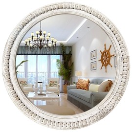 dwellington Rustic Round Wall 24 Inch Wood Circle Mirror with Beads, Decorative Farmhouse Mirror for Living Room, Bedroom, Kitchen, Entryway (White)