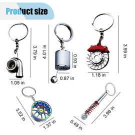 JOYCOURT 5PCS Metal Car Parts Key Chain Set with Brake Rotor, Worm Wheel, Tire Rim, Spring, Manual Gear Shift Box Keychain (Style 1)