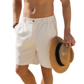 JEMLDL Men's Shorts Casual 7" Cotton Linen Button Elastic Waist Summer Beach Vacation Shorts with Multi-Pocket US 36 Large Beige