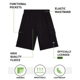 RBX Boys' Active Shorts - 2 Pack Breathable Performance Fleece Athletic Shorts with Functional Pockets (Sizes: 8-16), Black/Black, 10-12