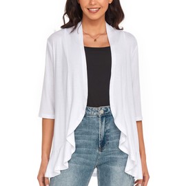 Argstar Women's Summer Cardigan, Lightweight Open Front Casual Soft Draped Ruffles 3/4 Sleeve White M