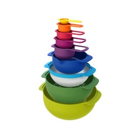 Joseph Joseph Nest 9 Plus, 9 Piece Compact Food Preparation Set with Mixing Bowls, Measuring cups, Sieve and Colander, MultiColor