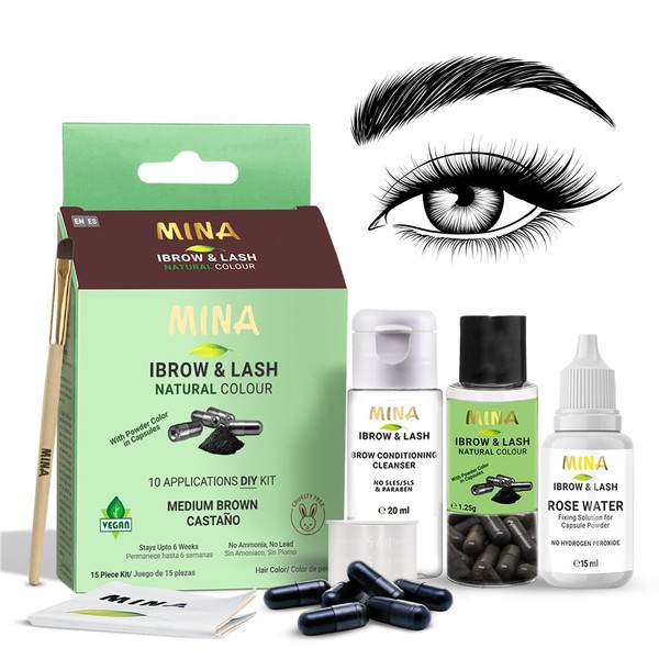 Mina ibrow & Lash Medium Brown | Long Lasting (Stay Upto 6 Week) Natural Spot Colouring and Hair Tinting Powder in Capsule, Water and Smudge Proof | No Ammonia, No Lead with Up to 10 Applications