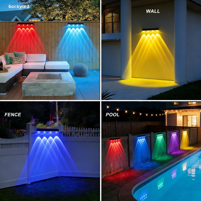 Solar Fence Lights Outdoor, 9 Modes ＆ 8 Fixed Colors